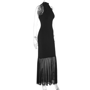 <span class=keywords><strong>Robe</strong></span> Longue Moulante et Évasée <span class=keywords><strong>Femme</strong></span> Sexy et Élégante Noire sans Manches d'Été avec Voile en Maille et Patchwork - Product Image 5
