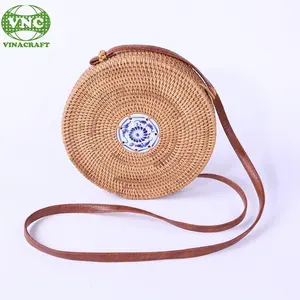 Women's Woven Straw Crossbody Shoulder Beach Bag <b>Rattan</b> Style with Ceramic Center & Patterned <b>Cover</b> Stylish Handbags - Product Image 1