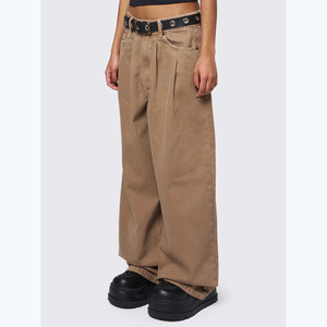 <span class=keywords><strong>Pantaloni</strong></span> larghi in cotone 100% <span class=keywords><strong>Beige</strong></span> per stile Unisex Custom rilassato su gamba larga ricamato Jeans pieghettati con cuciture extra lunghe tendenza Casual - Product Image 2