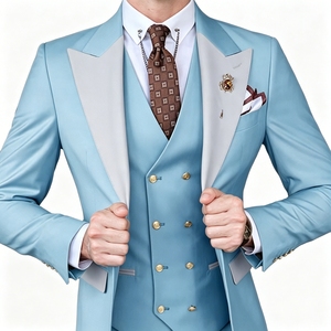 Abito da sposo di lusso <span class=keywords><strong>blu</strong></span> a 3 pezzi <span class=keywords><strong>doppiopetto</strong></span> personalizzato OEM ODM con revers a punta a contrasto per matrimoni e feste - Product Image 2