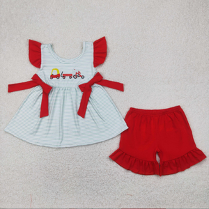 Conjunto de 2 Piezas para Niños Pequeños, Niños y Niñas, Verano, Bordado, Túnica a Rayas con Carreta y Bicicleta Rojas, con Pantalones Cortos - Product Image 3