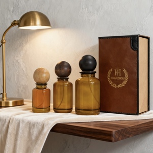 고급 실린더 모양 앰버 스프레이 유리 병 30ml <span class=keywords><strong>50ml</strong></span> 100ml 둥근 나무 뚜껑이있는 화장품 앰버 향수병 - Product Image 1