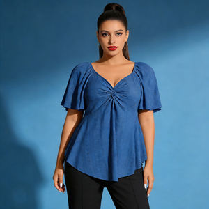 Blusa Peplum Azul Rey de Elegancia Moderna SWEET BABE 2026, Personalizable, para Mujer, Manga Corta, Cuello en V, Tela con Ojales, Parte Delantera Fruncida - Product Image 1