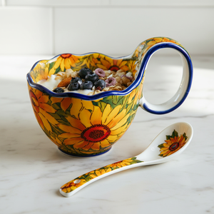 Sunflower Pattern 550ml Underglaze European Style <b>Ceramic</b> <b>Mug</b> & Yogurt Bowl with Spoon Dishwasher & Microwave Safe for Presents - Product Image 1