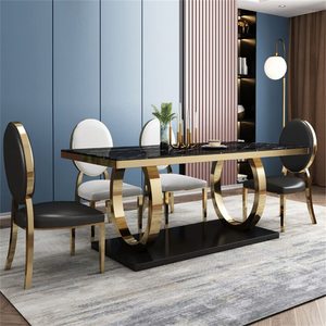 Sang Trọng 70 "Đá Cẩm Thạch Màu Đen Bàn Ăn Kim Cương Hình Dạng Vàng Điểm Nhấn Nhân Đôi Bệ Cơ Sở 6-8 Người Thanh Lịch Giả Bàn Ăn - Product Image 3