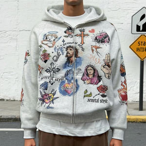Primavera Streetwear Hombres Impreso Gráfico Sudaderas con cremallera de gran tamaño Personalizado Algodón Peso pesado Hombres Zip up Hoodie Fabricantes - Product Image 1