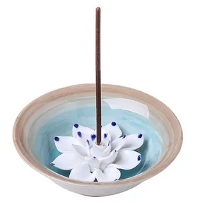Incense Holder for Sticks, Ceramic Handicraft Incense Burner Bowl, Coil Lotus Ash Catcher Tray 4.62 Inch Dark Blue