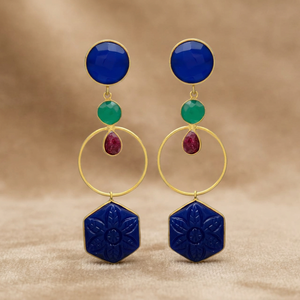 Pendientes de Gema de Ónix Verde, Rubí y Zafiro Hidrotermal, Chapados en Oro, Hechos a Mano, Estilo Étnico, Novedad - Product Image 3