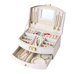 Grosir kotak perhiasan PU laci dapat dikunci perhiasan Organizer kotak penyimpanan kemasan perjalanan aksesori barang mewah