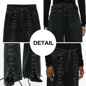 Dames 100% Katoenen Gewone Zwarte <span class=keywords><strong>Jeans</strong></span> 360 Gram Ademende Mid-Taille Heavy Verwijderbare Knop Casual Straight Tube Mode - Product Image 6