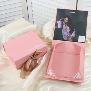 Luxury Custom Printed Pink Empty Paper Cardboard Folding Wedding Cosmetic Clothing Magnetic Gift Box Packaging