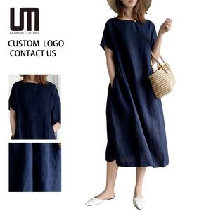 Abito <span class=keywords><strong>Midi</strong></span> Estivo da Donna Casual Oversize Morbido in Lino e <span class=keywords><strong>Cotone</strong></span> a Tinta Unita con Maniche Corte e Logo Personalizzato, Prodotto di Grande Successo - Product Image 1