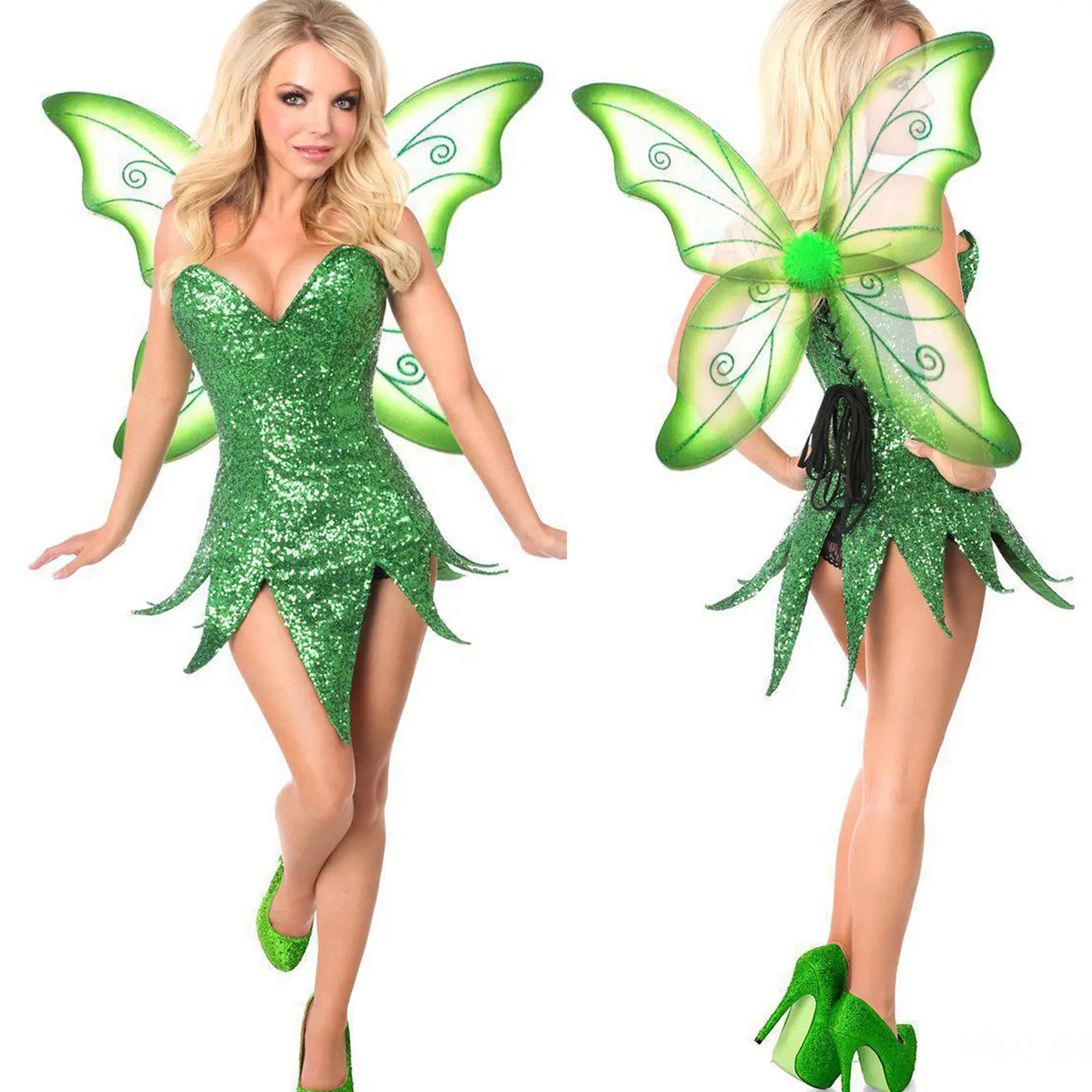 Nouveau Noël adulte femmes vert Sexy paillettes jolie Pixie fée elfe Costume avec de grandes ailes