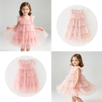 Robe en tulle rose pour filles, imprimé étoiles dorées, robe à volants, sans manches, robe de princesse pour fête, pour les tout-petits et les enfants