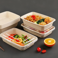 Bols à salade rectangulaires jetables en papier biodégradable écologiques, pour servir des nouilles, à emporter, avec couvercle, utilisables au micro-ondes