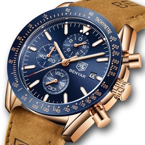 BENYAR Men's Chronograph Quartz <b>Watch</b> Green Dial Leather Strap 14mm Stainless Steel <b>Case</b> 30M Waterproof - Product Image 5