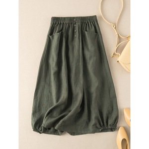 Women's Linen Midi Skirt High Waist A-line With Pockets Coffee Color 2601 - Product Image 3