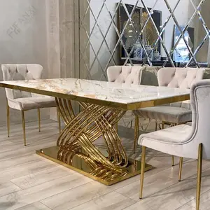 Furnitur ruang makan mewah kelas atas baja tahan karat emas marmer putih set meja makan modern restoran meja makan