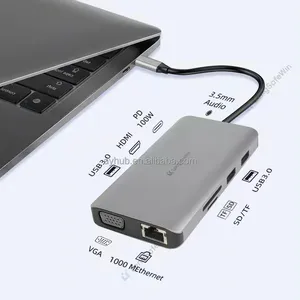 Venta caliente Accesorios para computadoras portátiles 10 en 1 Hub USB tipo C con USB3.0 X3/HDM1X2/VGA/PD100W/RJ45 Ethernet/SD/Ranura para tarjeta TF