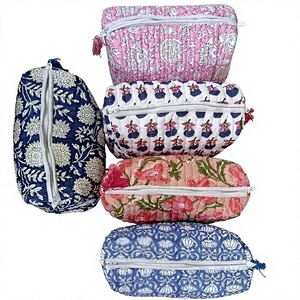 Handmade quilted toiletry bag pure cotton <b>block</b> printed wash pouch vintage boho floral makeup organizer zippered bag - Product Image 1