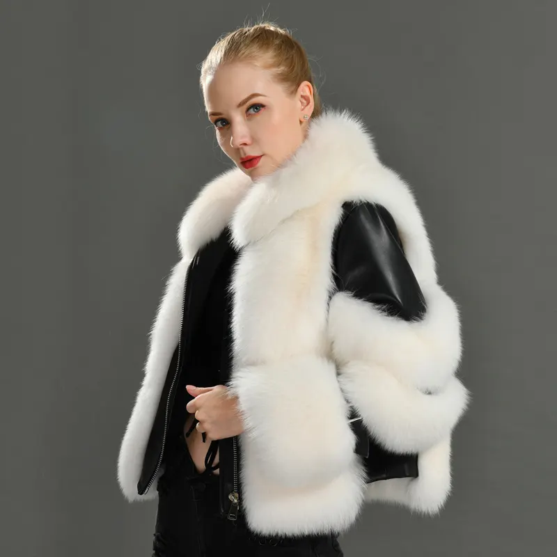 Manteau de fourrure de renard pour femmes, veste d'hiver en peau de mouton, modèle de styliste, vraie fourrure de renard, tendance, en cuir véritable