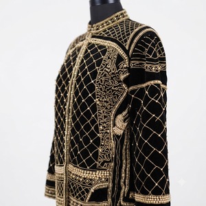Exclusive <b>Black</b> Velvet Beaded <b>Jacket</b> Embroidery Pearls for Women Hand Applied Golden Embellishment Premium Luxury Cotton - Product Image 2