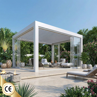 Pérgola de Aluminio Blanca con Revestimiento de Vidrio, Estructura Delgada, Puertas Corredizas, Balcón, Cabana Tropical Junto a la Piscina, Jardín, Solárium, Control Remoto