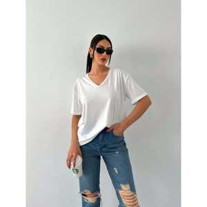 Camiseta Básica con Cuello en V para Mujer, 100% Algodón Jersey, Transpirable, Manga Regular, Blanca - Product Image 2