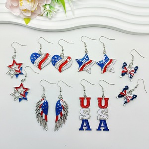 Independence Day USA Love Wings Zinc Alloy Drop Earrings Red White and Blue <strong>Striped</strong> <strong>Flag</strong> Trendy Heart Shape Wholesale - Product Image 2