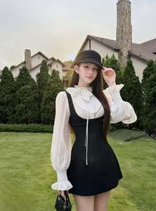 Mini Dress Office Vintage Custom Wholesale Women Preppy Style Two Piece Set Chiffon Bow Blouse Character Stand <b>Black</b> <b>Pinafore</b> - Product Image 2
