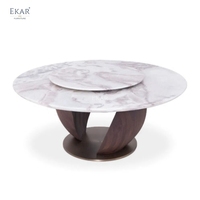 Modernes Luxuriöses Rundes Marmor-Esstisch-Set mit Drehplatte Skulpturaler Massiver Walnussholz-Sockel für Villen