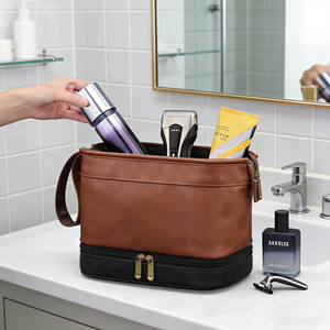 Trousse de Toilette Double Couche pour Homme en Cuir PU – Trousse de Voyage pour Soins et Rasage - Product Image 4