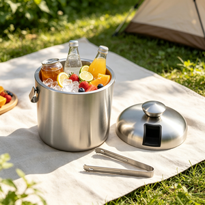 Cubo de Hielo Aislado al Vacío de Doble Pared de Acero Inoxidable de 1.3L Personalizado, Enfriador de Vino y Champán con Tapa y Pinzas para Fiestas y Bares - Product Image 1
