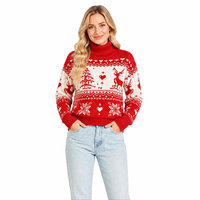 Pull-over en tricot à col roulé pour femme, avec logo personnalisé, motif Fair Isle rouge et blanc, pour Noël, en polyester, pour l'automne et l'hiver