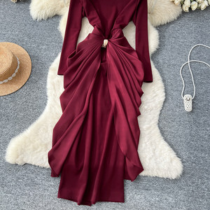 Elegante Abito a Collo Semi-Alto con <span class=keywords><strong>Maniche</strong></span> <span class=keywords><strong>Lunghe</strong></span> Plissettate per Donne, <span class=keywords><strong>Rosso</strong></span>, Gonna Aderente a Linea A, Elegante Abito Lungo - Product Image 5