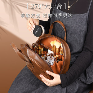Sac à cosmétiques rétro en cuir ciré, grande capacité, fermeture éclair, poignée souple, couleur unie, pour femmes, rangement de voyage - Product Image 3