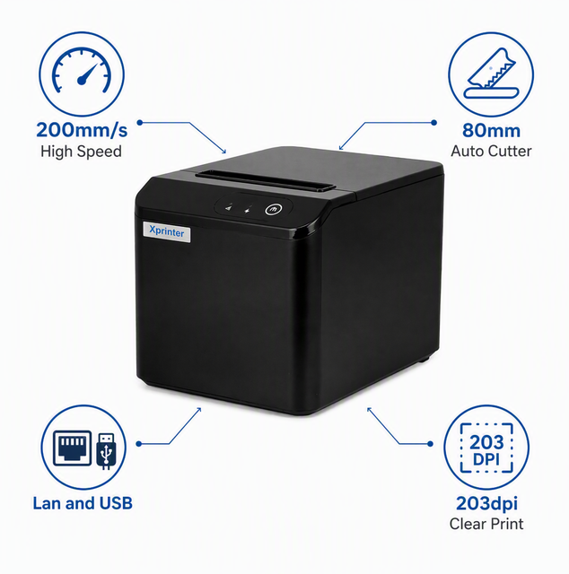 Xprinter XP-T80Q 80mm Thermal Receipt Printer 200mm/s 203dpi Lan USB Auto Cutter Voice POS for Restaurant Kitchen Retail