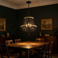 Lampu Gantung Candelabra Manik Kayu Hitam Cincin Ganda dengan Finishing Kayu Alami, Lampu Vintage untuk Ruang Tamu dan Kamar Tidur