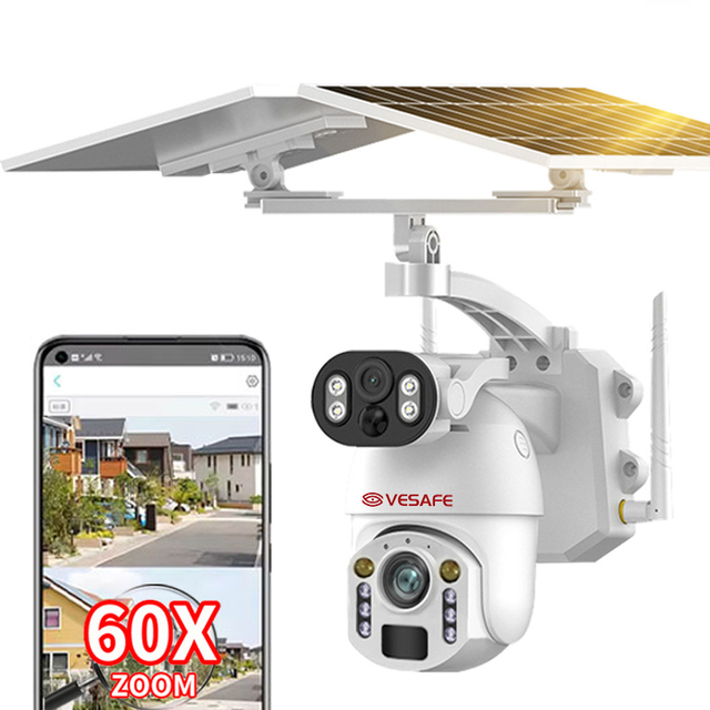 VESAFE Waterproof PTZ Night Vision Outdoor Security Camera 6MP 60X Zoom Solar & Battery Powered AI with Ubox APP