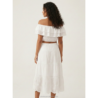 Ensemble deux pièces OEM/ODM personnalisé en coton 100% écologique à motif floral, blanc, à manches courtes, avec œillets, épaules dénudées et volants, coupe courte