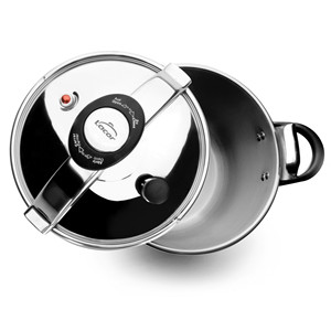 Pentola a pressione in acciaio inox da 6 litri con coperchio in vetro e manici neri - Product Image 2