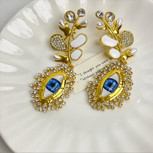 <span class=keywords><strong>Orecchini</strong></span> Pendenti Vintage Placcati Oro con Cristalli e Strass, Occhio <span class=keywords><strong>Blu</strong></span> e Grande Perla, in Lega e Zinco per Gioielli da Festa - Product Image 3