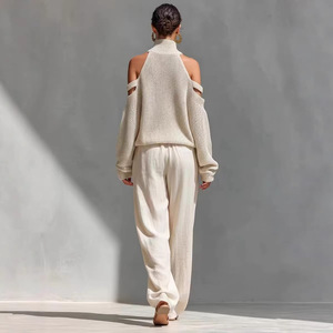 Ensemble pull en maille pour femme, col roulé épaules dénudées, manches longues, pantalon large, tenue décontractée deux pièces, blanc, abricot, gris, XSSMLXL - Product Image 4