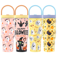 Gobelet en paille imprimé Halloween avec bec verseur en silicone souple, couvercle anti-poussière rabattable et poignée de transport – Tasse de voyage réutilisable