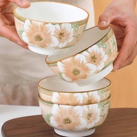 HIXIN Ensemble de 6 pièces de vaisselle en céramique émaillée à motif de camélia japonais vintage, compatible micro-ondes, pour nouilles et usage domestique