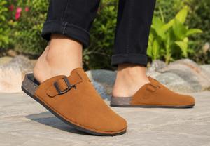 <b>Mens</b> Brown Suede Look Closed Toe Slip-On <b>Clogs</b> Adjustable Buckle Strap Casual Comfort Footwear - Product Image 3