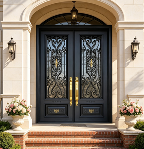 Puerta Principal de Entrada de Hierro Forjado de Lujo Personalizada, Negra con Tallado Dorado, Puerta de Seguridad Exterior para Villa con Arco y Ventana Superior - Product Image 5