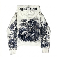 Sweat à capuche vintage personnalisé 500 g/m² coupe ample avec strass, en coton French Terry, imprimé DTG vieilli et broderie 3D, fermeture éclair