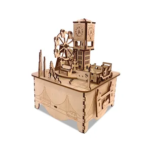Caixas De Música De Rotação De Madeira Criativo Crianças Brinquedos 3D Puzzle Urbano Paisagem Music Box DIY Handmade Assembly Gift