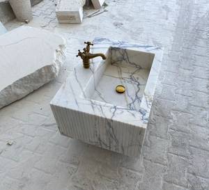 Fregadero Arquitectónico de Mármol Acanalado |   Lavabo de Piedra Flotante Hecho a Mano para Montar en la Pared |   Mueble de Baño de Lujo, Ecológico y Duradero - Product Image 5